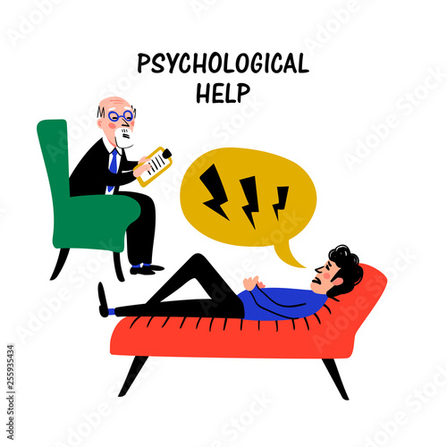 Psychology. Psychological help. Doctor and patient, a man lying on sofa and talking to psychotherapist or psychologist. Doodle style flat vector illustration