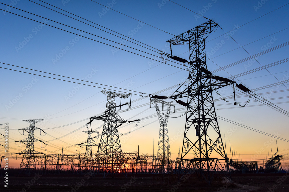 Contour of Transmission Tower at Sunset