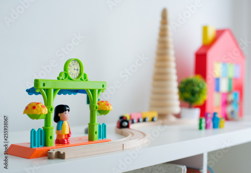 Children s playroom with plastic colorful educational blocks toys.