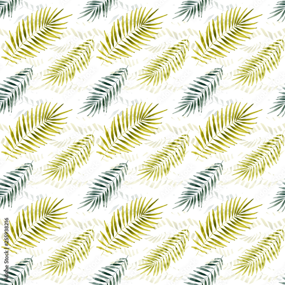 Seamless pattern with watercolor palm leaves and chevrons in natural green, khaki and olive colors