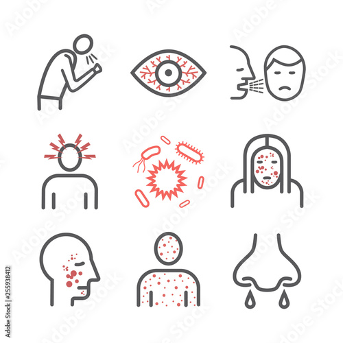 Measles. Symptoms, Treatment. Line icons set. Vector signs.