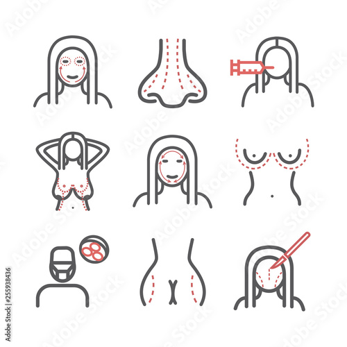 Cosmetic surgery. Elements of infographics. Breast augmentation signs. Vector signs for web graphics.