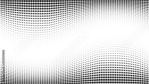 Halftone gradient pattern. Abstract halftone dots background. Monochrome dots pattern. Grunge texture. Pop Art, Comic small dots. Wave twisted dots. Banner with space. Template for cover, card, flyer