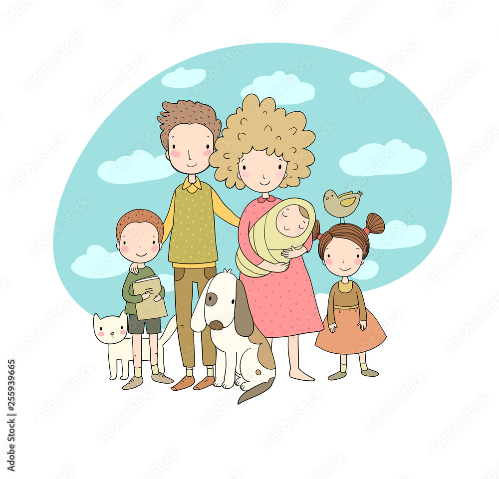A happy family. Parents with children. Cute cartoon dad, mom, daughter, son and baby.