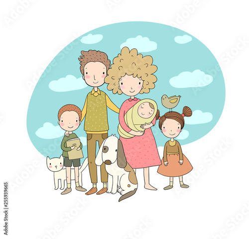 A happy family. Parents with children. Cute cartoon dad, mom, daughter, son and baby.