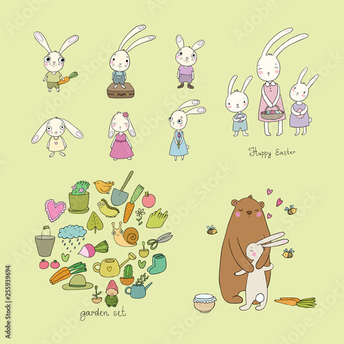 Fototapeta Naklejka Na Ścianę i Meble -  Cute cartoon hares and a bear. Easter bunnies. Funny animals - Vector