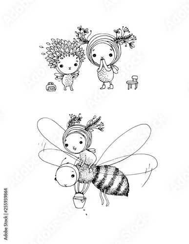 cute cartoon fairies and bee. Hand drawing sketch. children s fairy tales - Vector