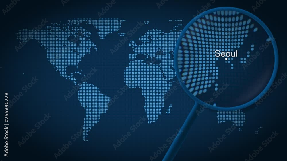 Magnifying glass searches and finds the city of Seoul on dotted world map. Intro animation Magnifying glass searches and finds the city of Seoul on dotted world map. Intro animation