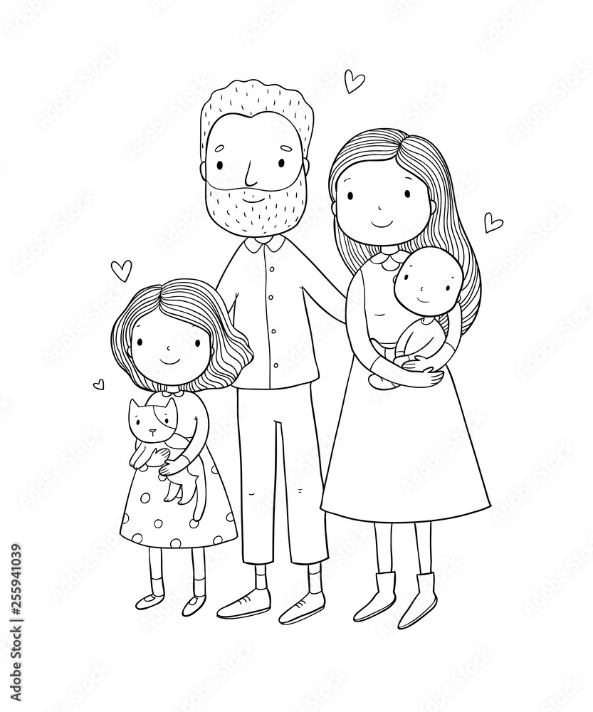 A happy family. Parents with children. Cute cartoon dad, mom, daughter and son. A happy family. Parents with children. Cute cartoon dad, mom, daughter and son.