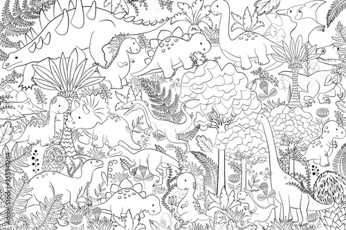Fototapeta Naklejka Na Ścianę i Meble -  Pattern with trees and dinosaurs, coloring page