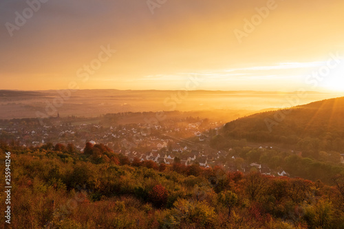 Sunset over village Steinbergen in Germany