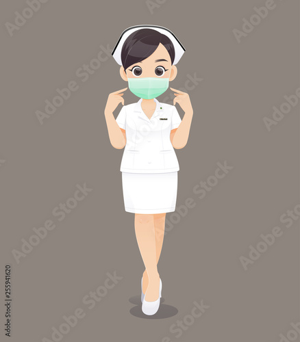 Nursing wears a protective mask, Cartoon woman doctor or nurse in white uniform on brown background, Vector illustration in character design