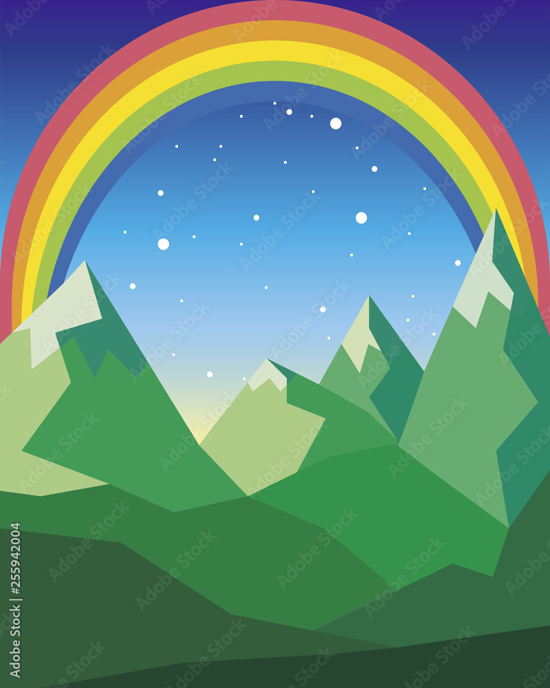 green mountain landscape with a rainbow in the night sky