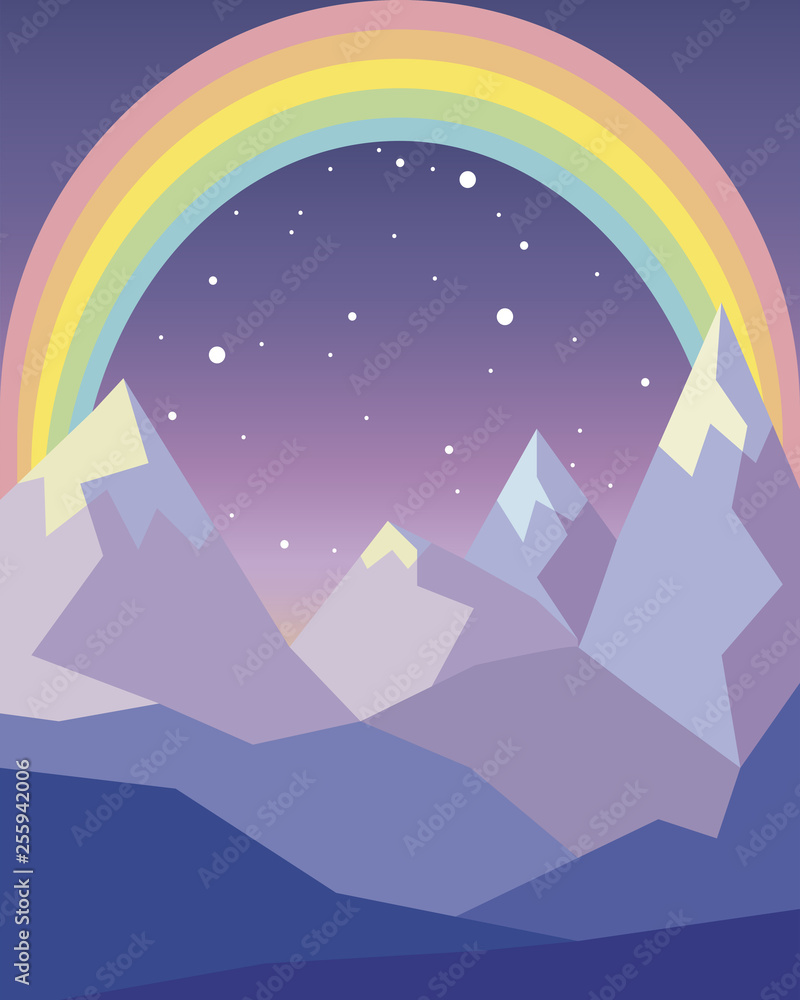 purple mountain landscape with a rainbow in the night sky