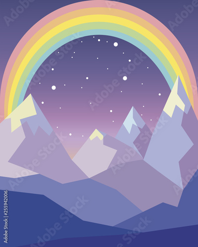 purple mountain landscape with a rainbow in the night sky