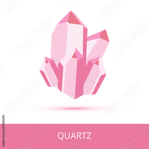 Vector mineralogy icon of mineral quartz SiO2 composed of silicon and oxygen from the mohs scale of mineral hardness. Dark pink or red crystalline stone or gemstone crystal isolated on white.
