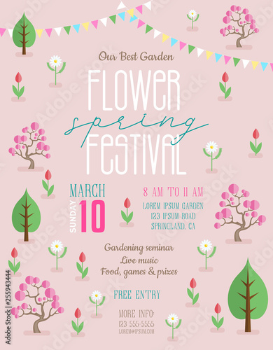 Flower spring festival announcing poster template with blossoming trees, flowers and colorful flags.