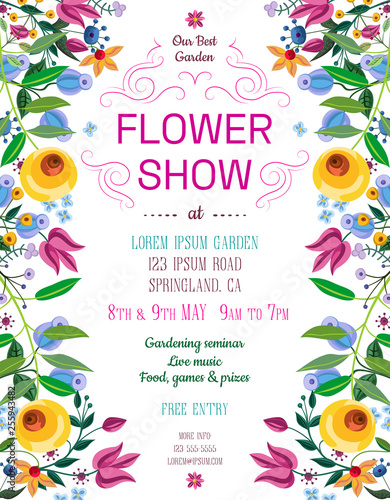 Flower show announcing poster template with fancy flowers in folk painting style.