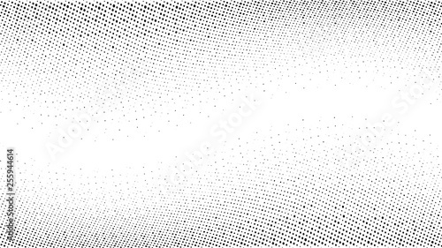 Halftone gradient pattern. Abstract halftone dots background. Monochrome dots pattern. Grunge texture. Pop Art, Comic small dots. Wave twisted dots. Banner with space. Template for cover, card, flyer