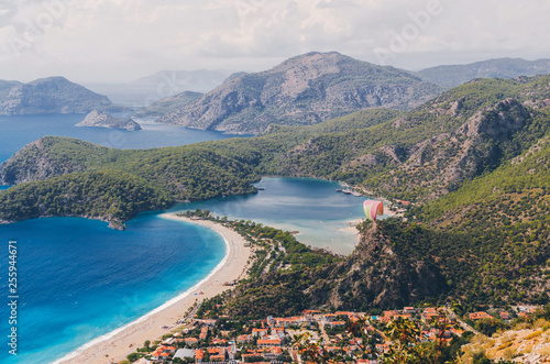 Aerial view of paraglider and Blue Lagoon in Oludeniz, Turkey.