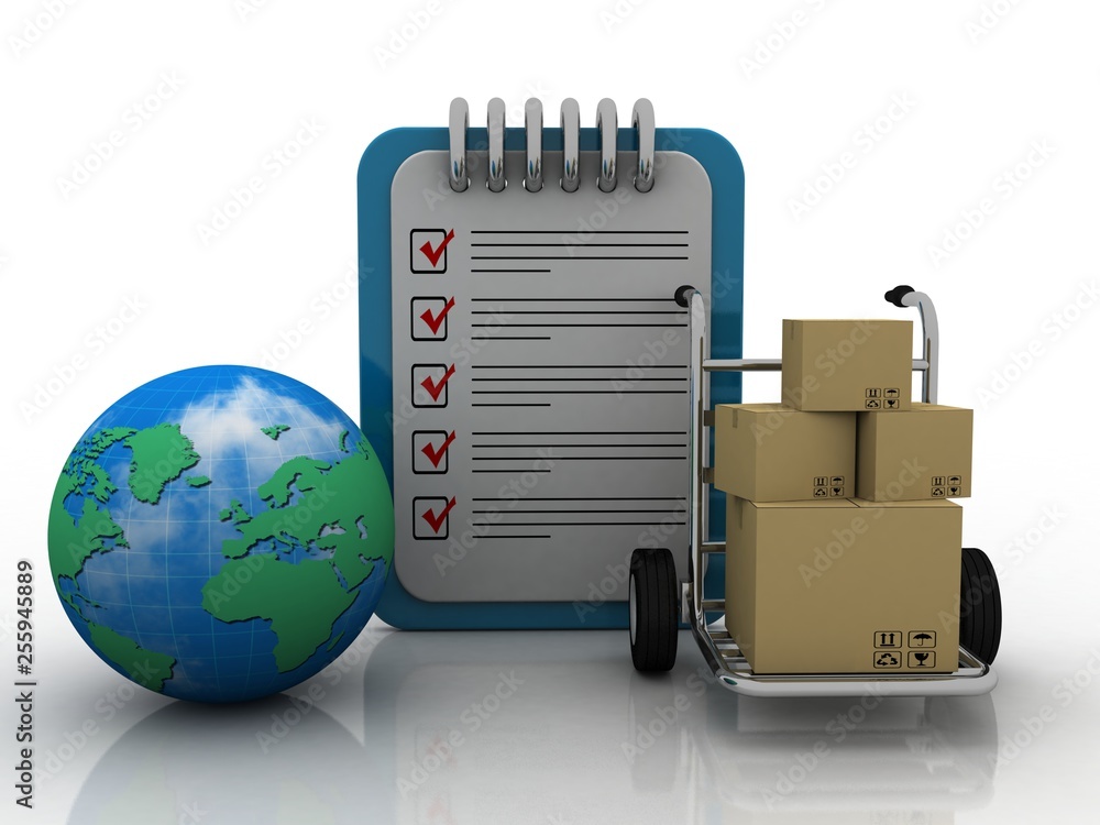 3d rendering Cardboard boxes in shopping cart with document 3d rendering Cardboard boxes in shopping cart with document