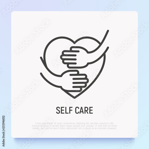 Self care thin line icon: hands hug heart. Modern vector illustration.