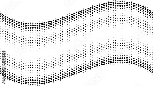 Halftone gradient pattern. Abstract halftone dots background. Monochrome dots pattern. Grunge texture. Pop Art, Comic small dots. Wavy twisted strip. Banner with space. Template for cover, card, flyer