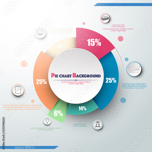 Business colorful pie chart template with big circle in the center. Background for your documents, web sites, reports, presentations and infographics