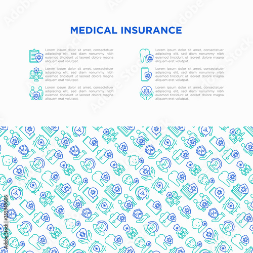 Medical insurance concept with thin line icons: policy, life insurance, maternity program, 24/7 support, mobile app, telemedicine. Modern vector illustration, template for print media, banner.