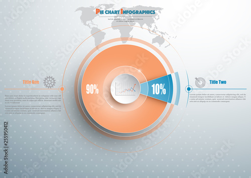Business pie chart template with circle in the center and earth map behind. Background for your documents, web sites, reports, presentations and infographics