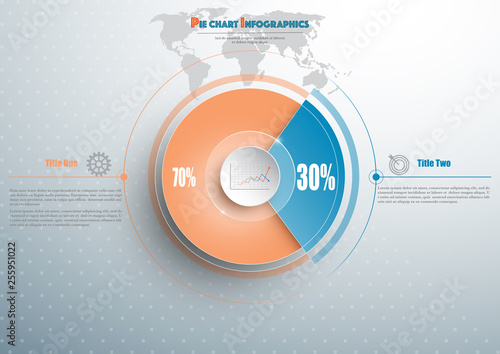 Business pie chart template with circle in the center and earth map behind. Background for your documents, web sites, reports, presentations and infographics