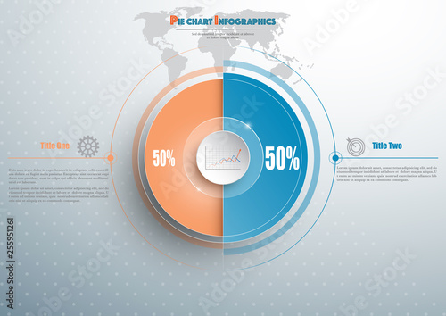 Business pie chart template with circle in the center and earth map behind. Background for your documents, web sites, reports, presentations and infographics