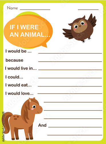 Writing prompt for kids blank. Educational children page. Develop fantasy and writing stories skills. Animals theme