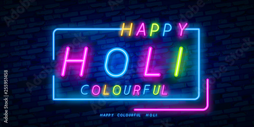 Happy Holi neon sign. Web banner theme Holi, logo, emblem and label. Neon sign, bright signboard, light banner. Vector illustration