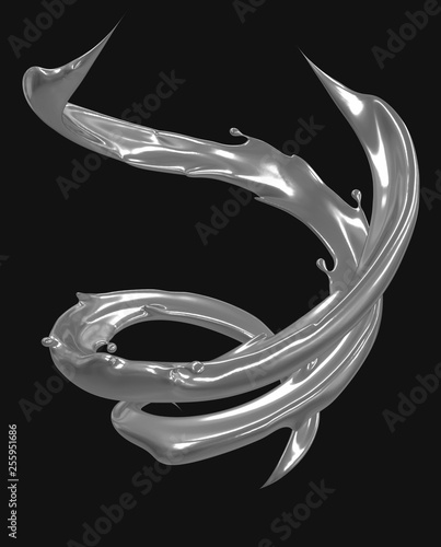 Liquid metal silver splashes swirl isolated on black. Metallic paint splashes. Fashion background. Artistic clip art element. 3d render