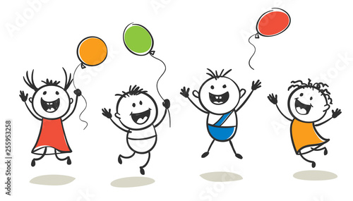 Happy little men. Boys and girls celebrate, vector illustration.	