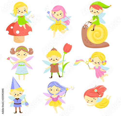 Cute fairy. Garden elf and pixie. Little people. Beautiful girls and bys in winged flying costumes. Vector Set of cartoon fantasy chartacters