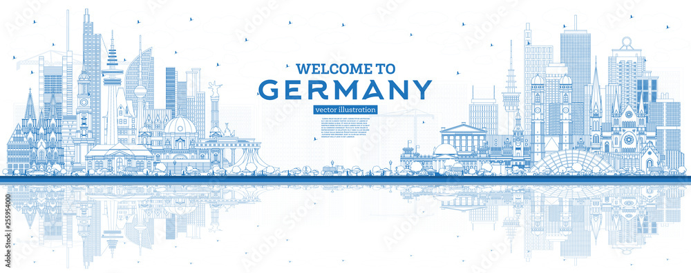 Outline Welcome to Germany Skyline with Blue Buildings and Reflections.
