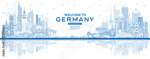 Outline Welcome to Germany Skyline with Blue Buildings and Reflections.
