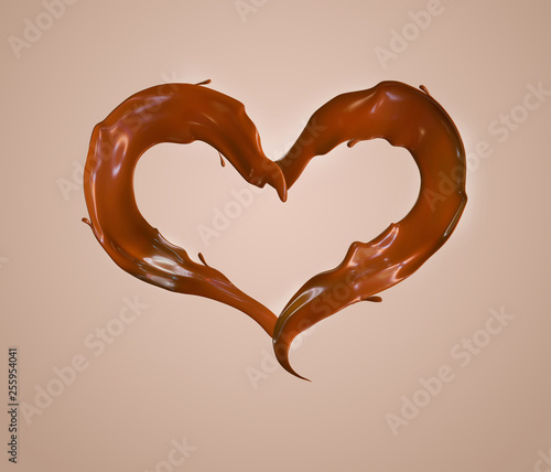 Caramel or chocolate splashes in shape of heart. Isolated. 3d render