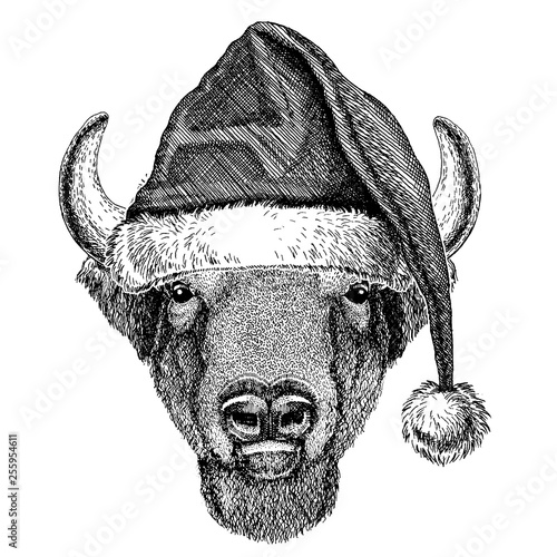 Buffalo, bison,ox, bull wearing christmas Santa Claus hat. Hand drawn image for tattoo, emblem, badge, logo, patch