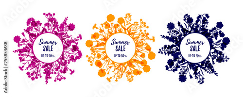 Set of silhouette floral frames isolated on white. Summer sale labels. Vector illustration