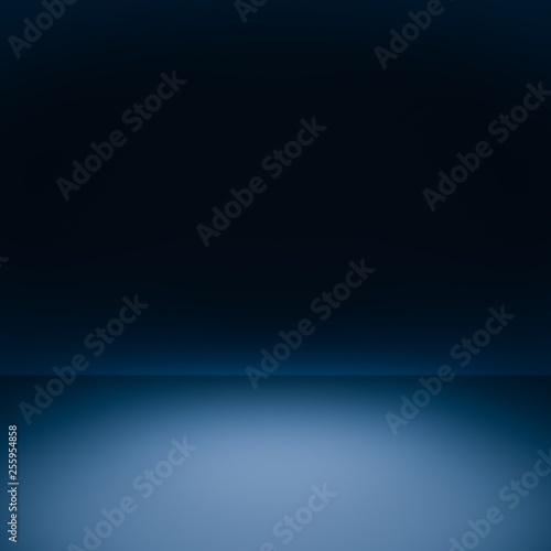 Squared blue background template for product display. Photo abstract studio workshop room with copy space. Wall, floor, table. spot light