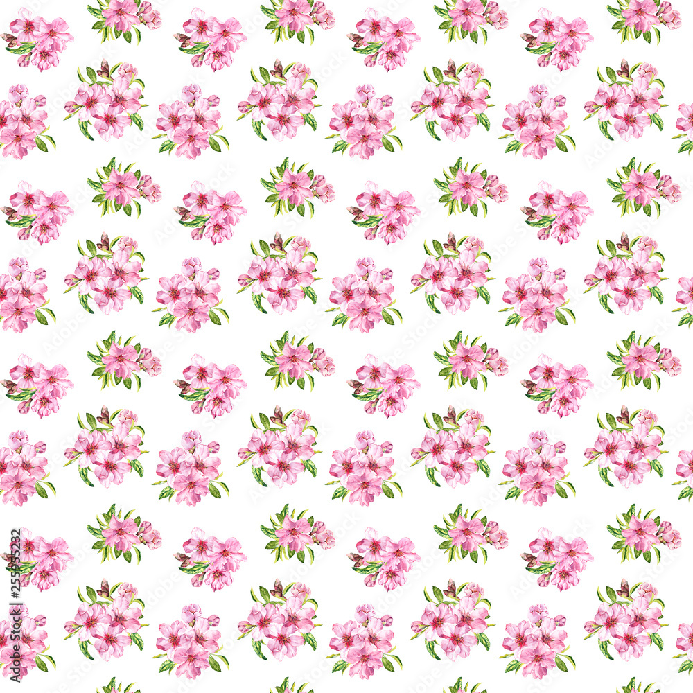 Spring flowers blossom sakura, cherry or apple tree. Floral seamless pattern. Water color