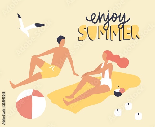 Postcard template with couple dressed in swimwear sitting on beach and sunbathing and Enjoy Summer slogan handwritten with cursive calligraphic font. Relax at seaside resort. Flat vector illustration.