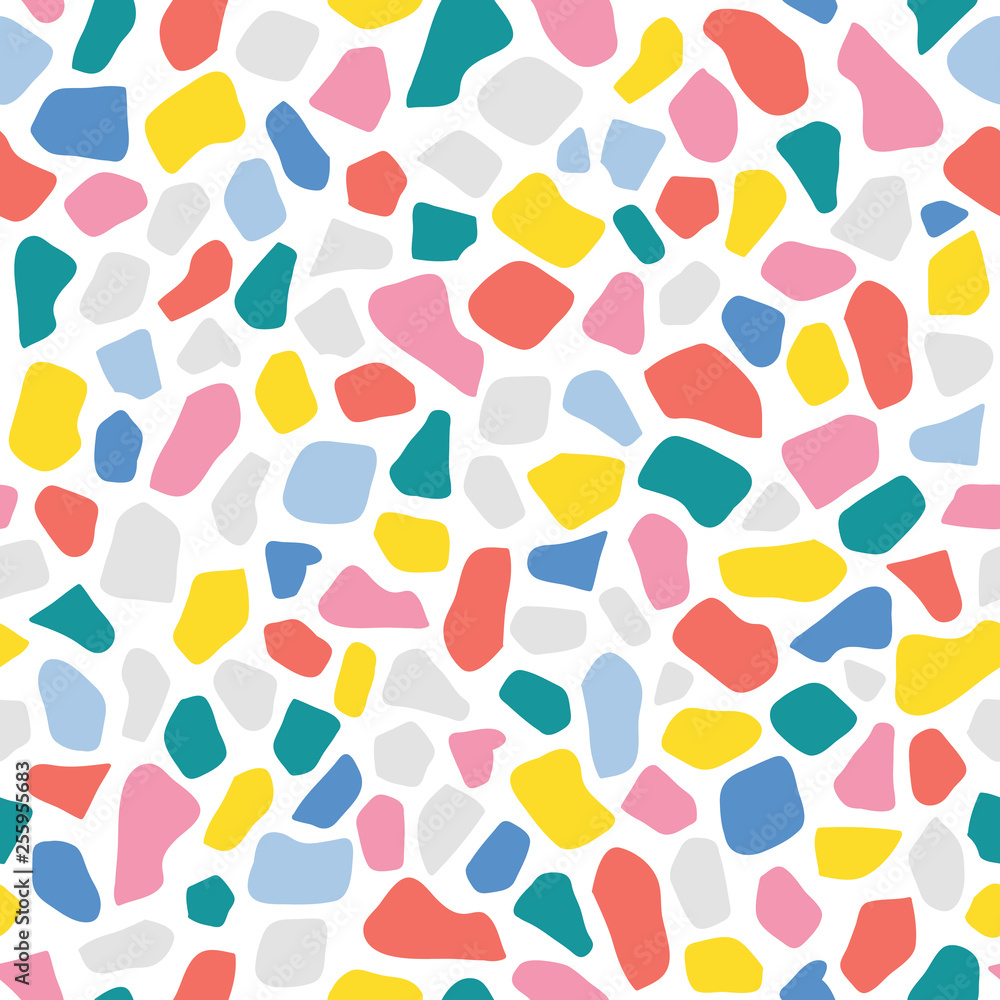 Terrazzo seamless pattern in Coral, Pink, Green, Blue, Yellow, Grey Terrazzo seamless pattern in Coral, Pink, Green, Blue, Yellow, Grey