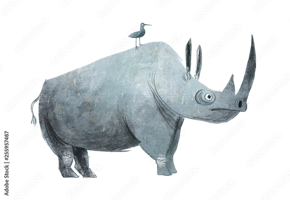 kind rhino, wild animal, illustration on a white background for children, rhino friend animals and birds kind rhino, wild animal, illustration on a white background for children, rhino friend animals and birds