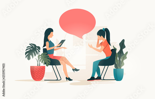 A young women talking to a therapist about her issues and wellbeing. People Vector illustration