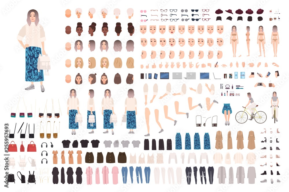 Fashionable girl animation kit or DIY set. Bundle of body parts, clothes and accessories. Trendy street style outfit. Female cartoon character. Front, side, back views. Flat vector illustration.