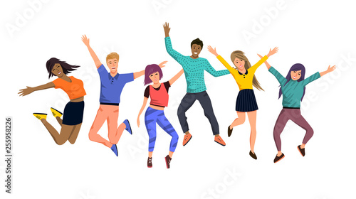 A large team group of happy jumping people characters. Vector illustration.